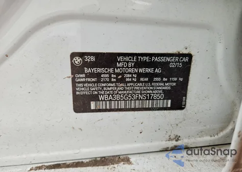 2015 BMW 328 Xi Sulev z USA, uszkodzony, nr VIN WBA3B5G53FNS17850